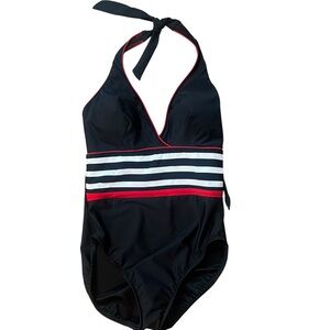 Miraclesuit NWT Nautical Striped Halter One Piece Slimming Swimsuit Black Red 10